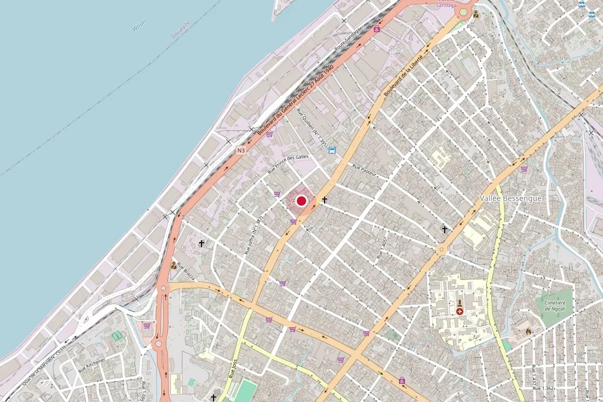Plan du quartier Akwa à Douala, avec un repère sur l'emplacement des bureaux d'Intel Cameroun.